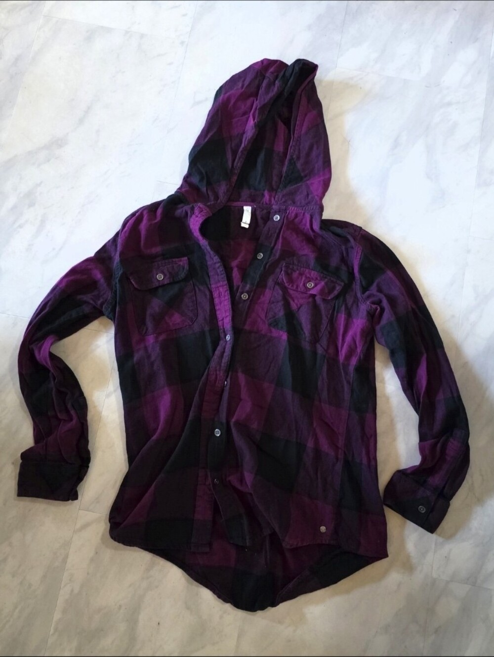EUC Ripzone Black Purple Plaid Hoodie Long Sleeve Top 100% Cotton Sz L